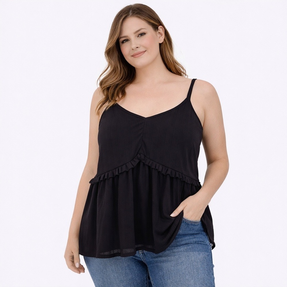 Torrid Black Knit Gauze Ruffle Tunic Tank Top Size 0 XL 12 Peplum‎ V-Neck Boho